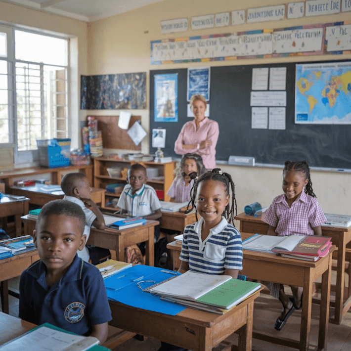 Classroom with children and teacher in front of them