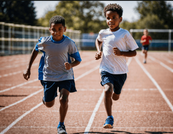 Boy kids running a race at school